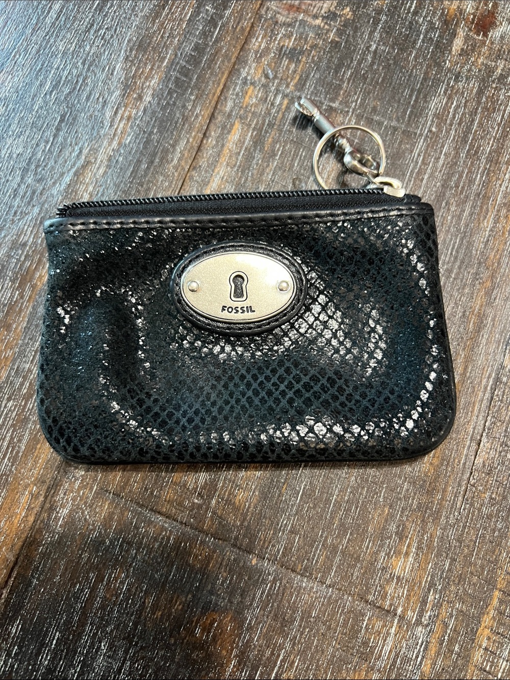 Fossil Black Snake-Embossed Zip Key Coin Pouch with Silver Hardware - Picture 1 of 6